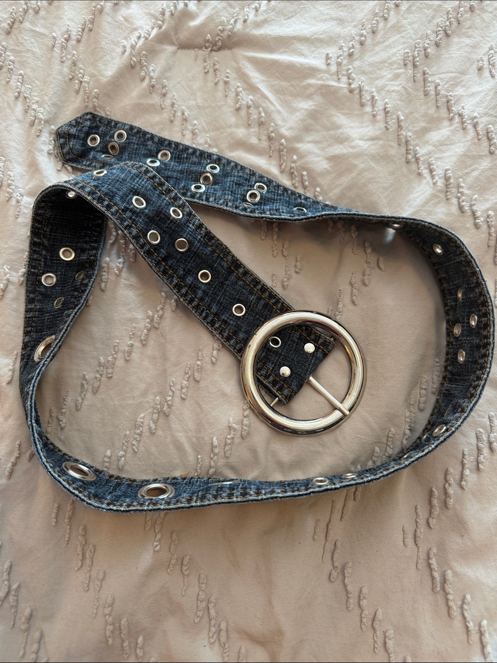 Denim Grommet Belt with Round Silver Buckle - Blue